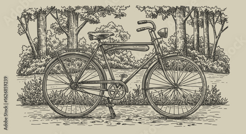 Vintage Bicycle Illustration with Forest Background in Detailed Engraving Style.