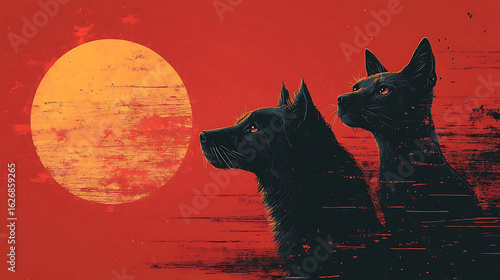 Two Black Cats Silhouetted Against a Red Sunset