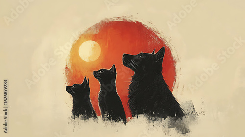 Three Silhouetted Black Cats Gazing at the Rising Sun