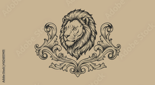 Engraved Lion Head with Baroque Ornament Detailed Illustration.