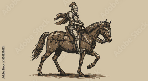 Medieval Knight in Full Armor Riding a Horse Illustration.