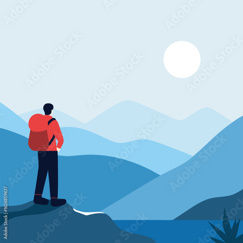 Lone hiker with red backpack gazes at distant futuristic cityscape under a warm sun silhouette