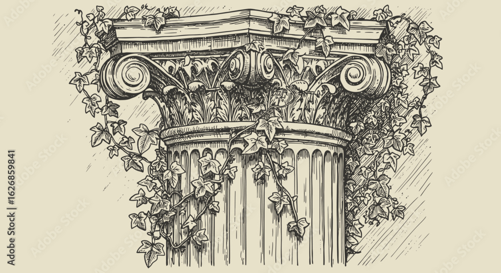 Fototapeta premium Ornate Column Capital with Ivy Illustration.
