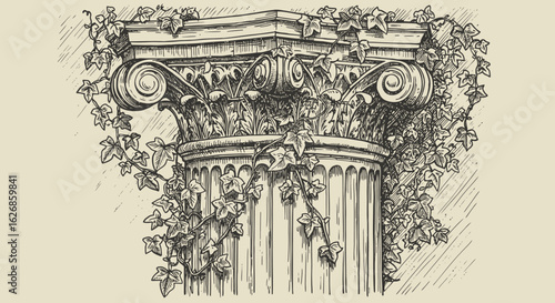 Ornate Column Capital with Ivy Illustration.