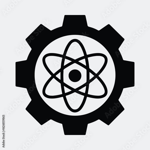 Silhouette gear with atom symbol science technology vector illustration