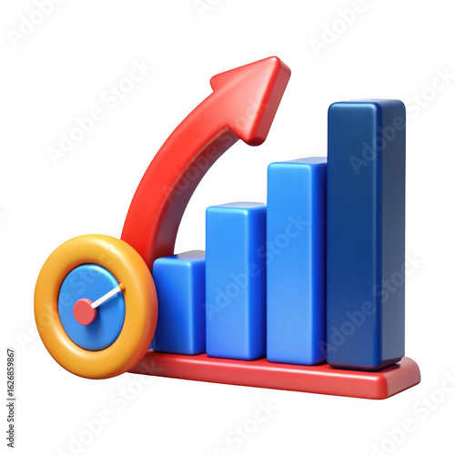 3d growth chart with upward arrow and clock isolated on transparent background