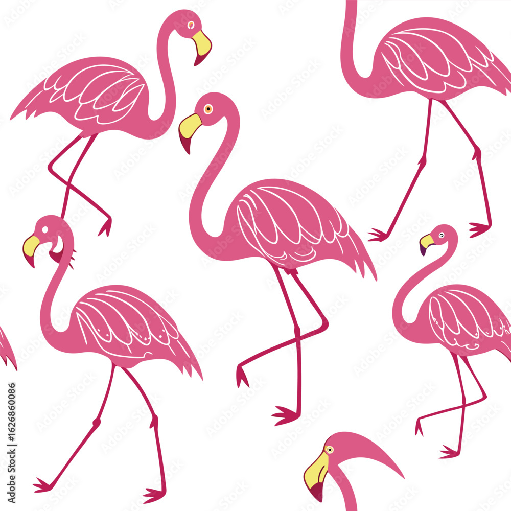 Obraz premium Vibrant pink flamingos in various poses against a clean white background silhouette