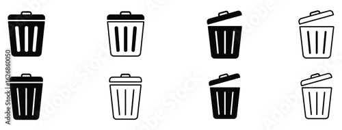 Streamlined Trash Can Icons for Modern Design Projects Clean Symbolism Featuring Open and Closed Lid Options, Perfect for Illustrative Needs and Website Elements, Simple Style