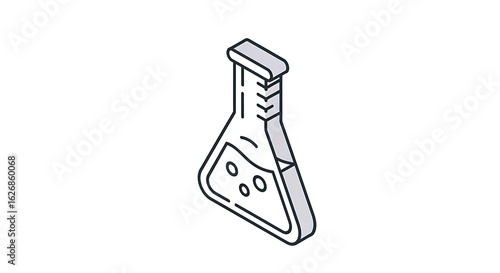 Isometric illustration of a conical flask with liquid and bubbles on a white background