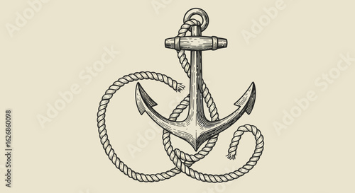 Vintage Anchor with Rope Illustration in Detailed Engraving Style.