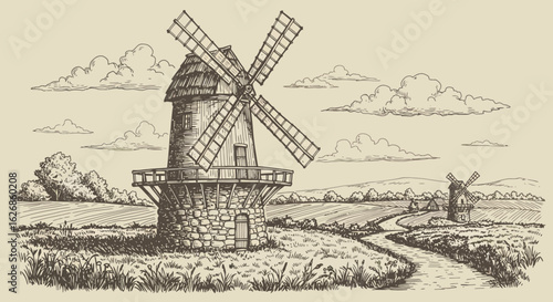 Detailed Sketch of a Rustic Windmill in a Rural Landscape with Fields.