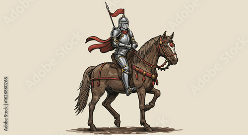 Knight in Shining Armor Riding a Brown Horse with Red Accents.