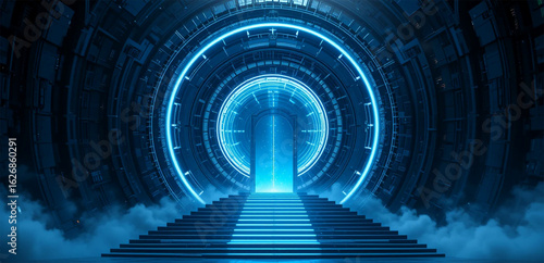 Futuristic portal emitting bright light and smoke leading to opportunity and success in a fantasy setting with stairs