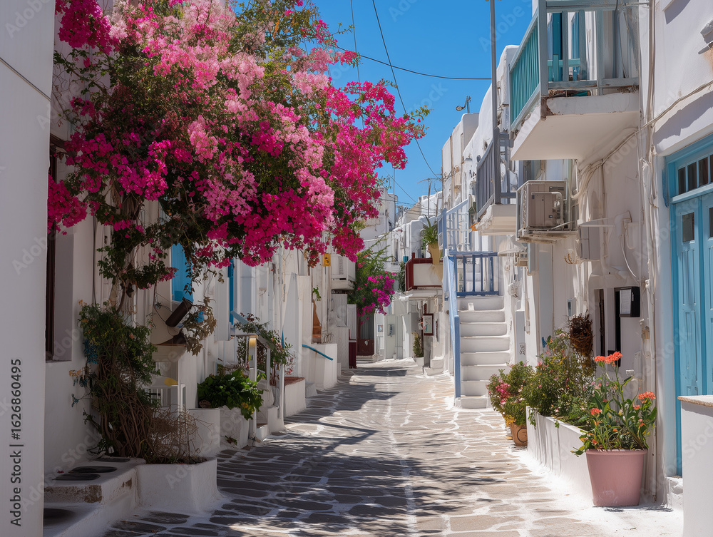 Fototapeta premium Narrow street in Mykonos with white walls and pink flowers