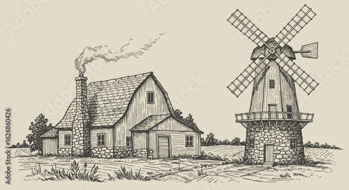 Rustic Farmhouse and Windmill Sketch Illustration.