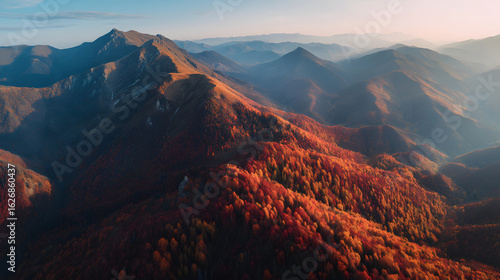Aerial view of a mountain range covered in autumn foliage