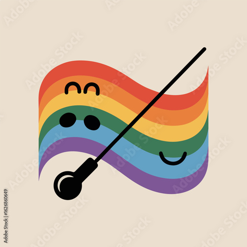 Illustration of a cute rainbow flag character holding a microphone, representing lgbtq pride, music, and voice, perfect for podcasting, broadcasting, and celebrating diversity