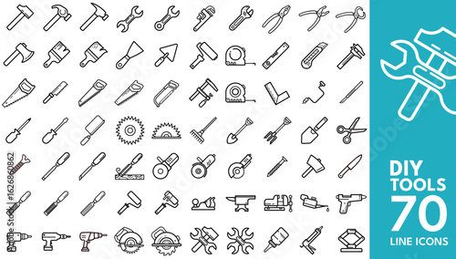 DIY Tools Editable Icons Set. Vector illustration in modern line style of carpentry, repair, wrench, hammer, and more. Isolated on transparent background
