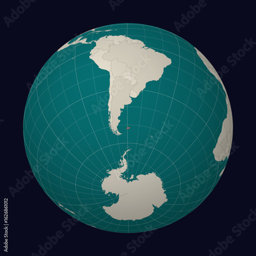 Falkland Islands on the map. Globe centered to Falkland Islands. Country location on the world map. Teal Pale Mint color palette. Globe with countries, meridians and parallels.