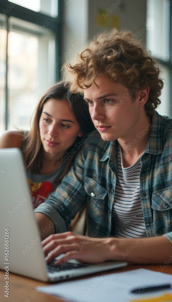 Focused young couple collaborating on a laptop Focused young couple collaborating on a laptop