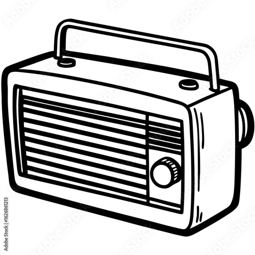 Retro portable radio isolated on white background in black and white style