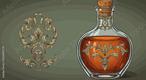 Ornate Glass Bottle Filled with Orange Liquid and Sealed with Cork.