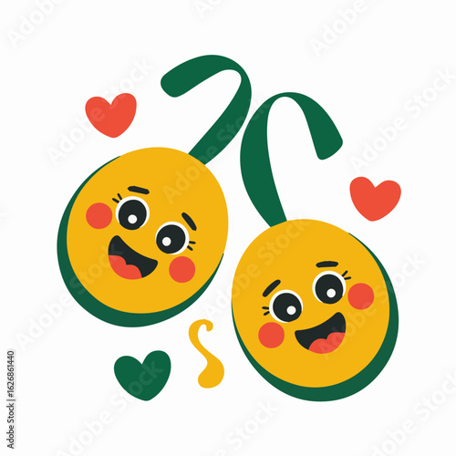 Adorable maracas isolated on white background with cute cartoon faces and hearts, perfect for adding a touch of love and fun to any musical or celebratory design