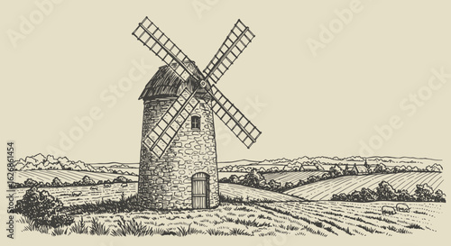 Hand-Drawn Stone Windmill in Rural Landscape with Fields and Sheep.