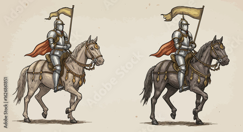 Medieval Knight on Horseback with Banner Full Armor and Cape.