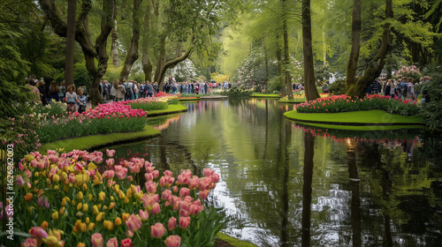 Keukenhof Gardens with people admiring tulips