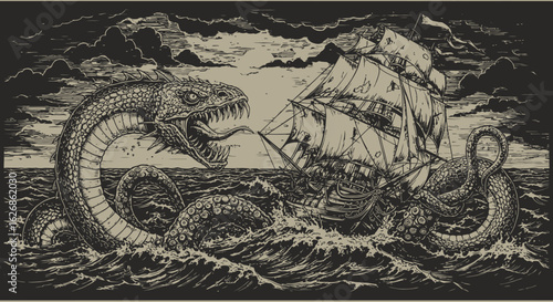 Sea Serpent Attack: Vintage Engraving of a Ship Under Siege.