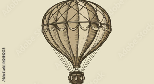 Vintage Style Hot Air Balloon Illustration with Wicker Basket.