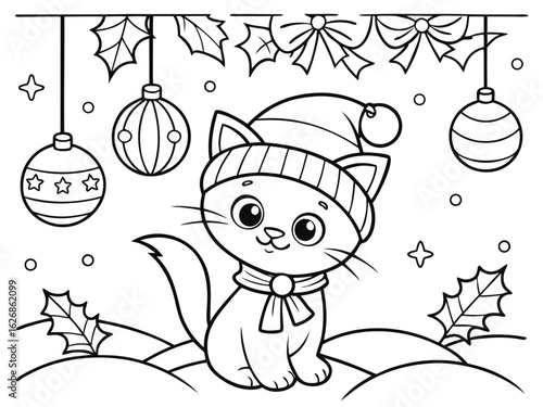 Christmas cat coloring page. Cute Christmas cat coloring page. The cute cat is enjoying a camping trip coloring page