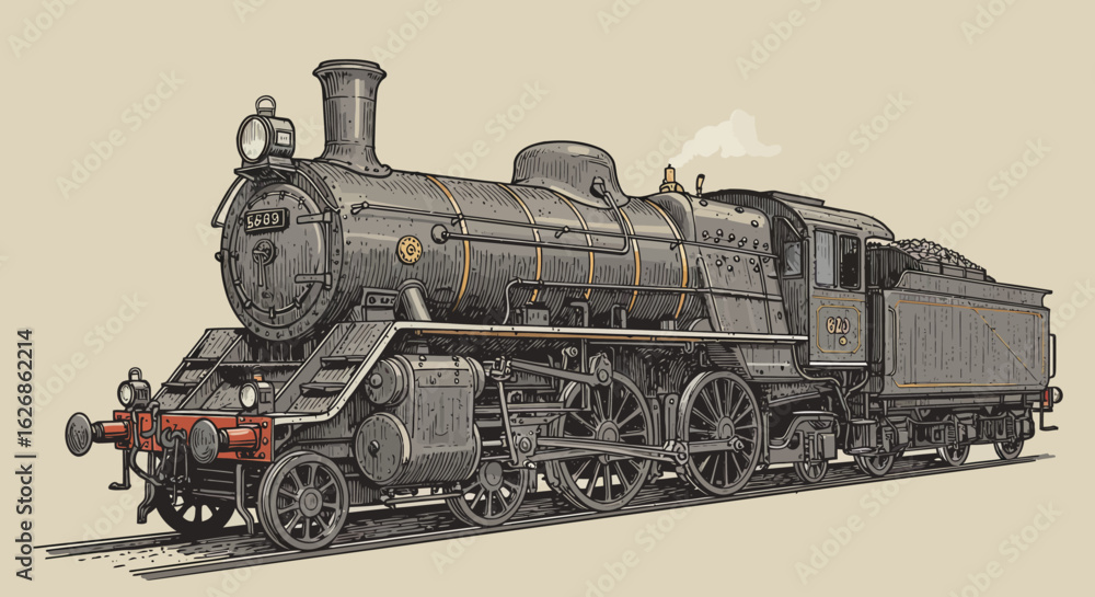 Naklejka premium Detailed Illustration of a Vintage Steam Locomotive Train Engine.