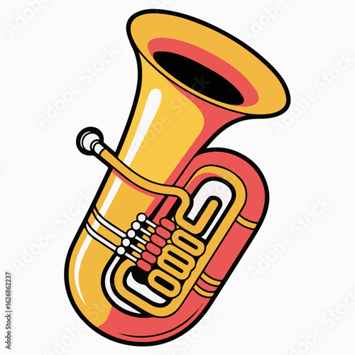 Illustration of a golden tuba isolated on white background, a brass instrument used in orchestras and bands, known for its deep, resonant sound and distinctive shape
