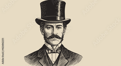 Engraved Portrait of a Man with Top Hat and Moustache.