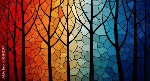 Colorful tree patterns: An abstract view showcases artful depictions of trees, presented in a vibrant array of colors. The composition is enriched by the interplay of lines and tones