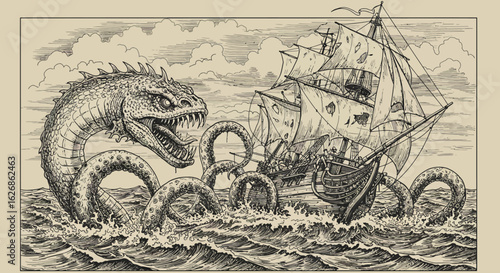Kraken Attack: Sea Monster Engulfing a Sailing Ship in Stormy Seas.