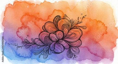 Abstract Floral Art in Vibrant Color: A captivating illustration of a floral design with intricate detailing is rendered over a background of radiant watercolor washes, exuding artistic beauty.
