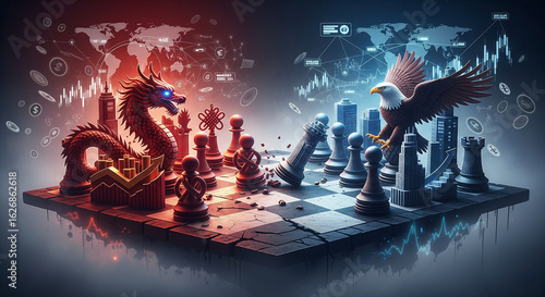 Strategic chess game between China and USA, symbolizing cold war, trade war, economic conflict, global power struggle, digital painting, conceptual illustration for editorial use