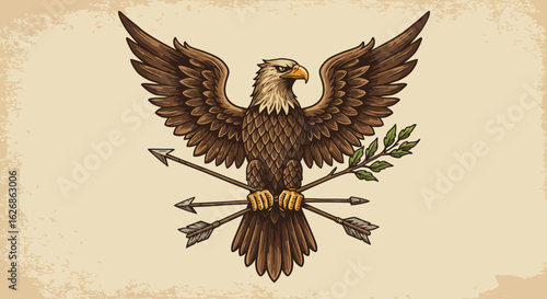 Majestic Eagle Emblem with Arrows and Olive Branch Illustration.