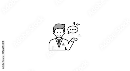 Man in suit with speech bubble and sparkles offering information in a simple line art drawing style
