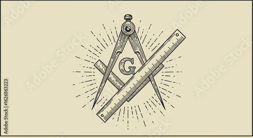 Masonic Symbol: Square and Compasses with Letter G in Vintage Style.