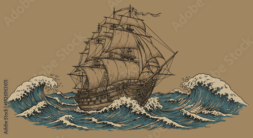 Detailed Illustration of a Tall Ship Navigating Rough Seas.