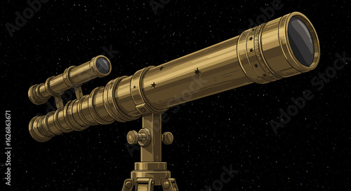 Detailed Golden Telescope Pointed Towards Starry Sky.