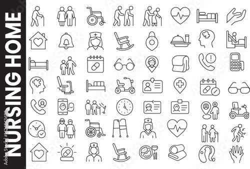 Elderly Care and Nursing Home Line Icon Set