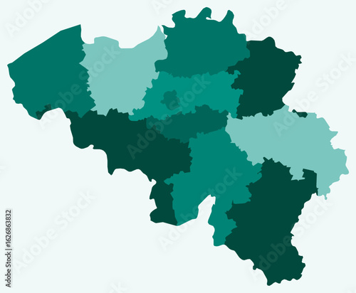 Map of Belgium with regions. Just a simple country border map with region division. Teal color palette. Plain Kingdom of Belgium shape with administrative division. Vector illustration.