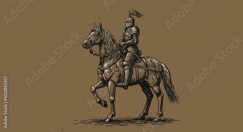Knight in Full Armor Riding a Horse Illustration.