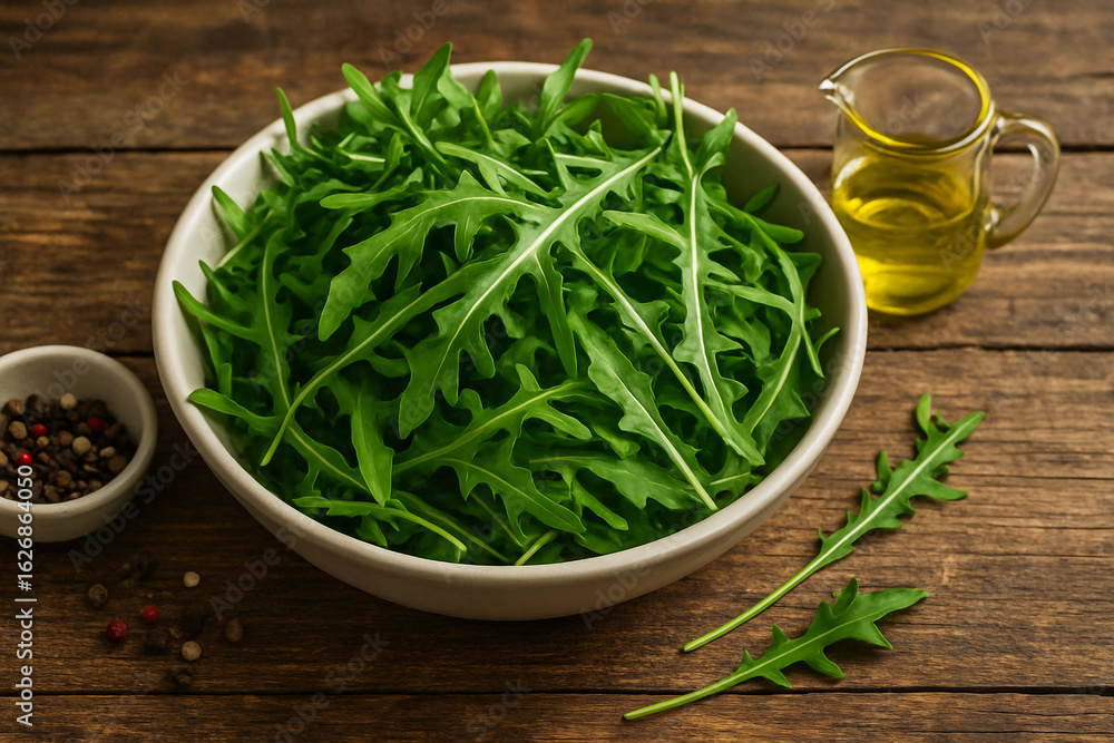 Fresh Arugula Leaves in Bowl with Olive Oil and Pepper on Rustic Wooden Table Fresh Arugula Leaves in Bowl with Olive Oil and Pepper on Rustic Wooden Table