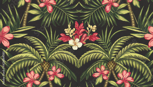 Tropical seamless pattern with hand drawn palm trees. Hawaiian florals summer background for fabric, textiles, clothing, cover, decoration, banner